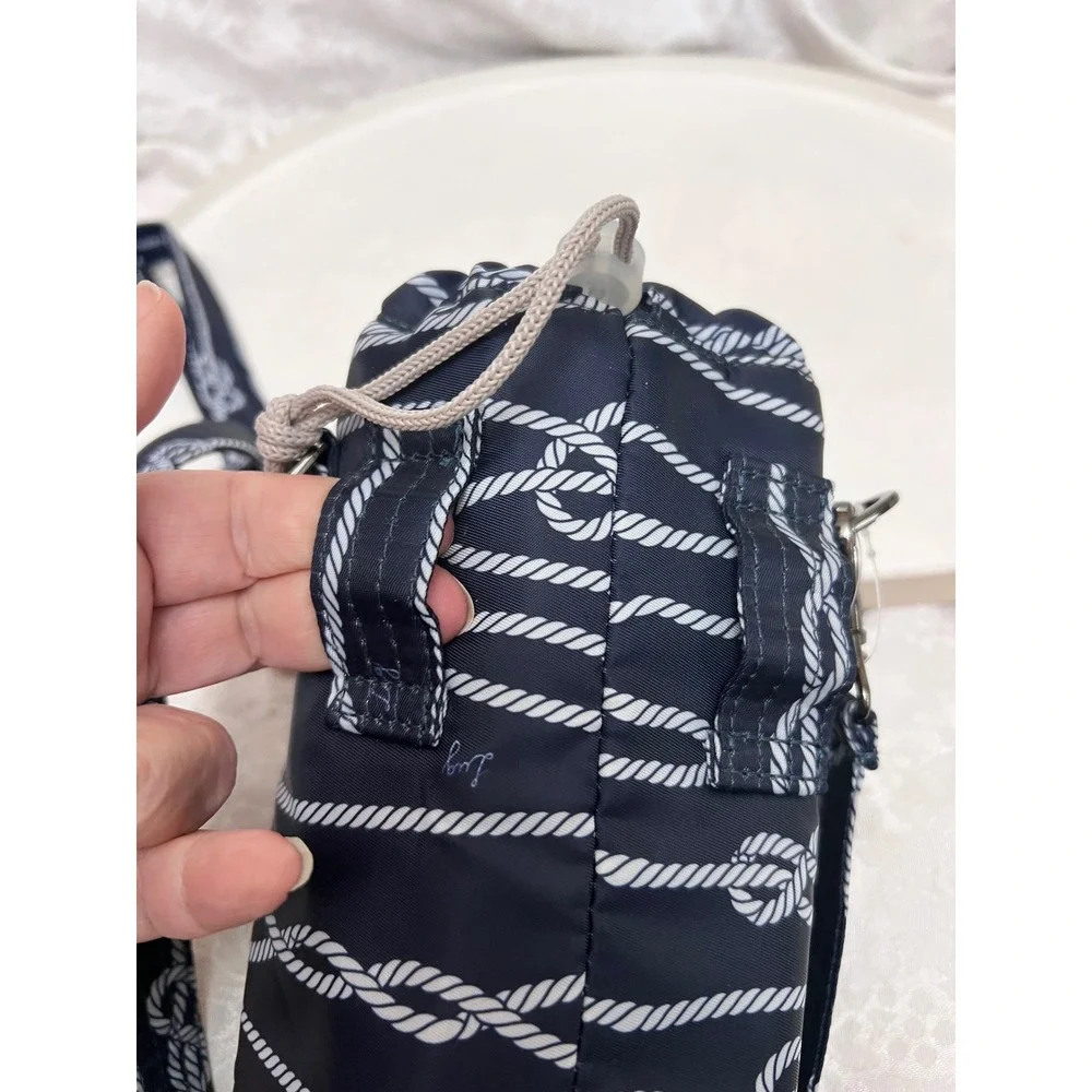 Lug Water Bottle Holder Crossbody Bag Navy Blue Nautical Rope Print Pockets